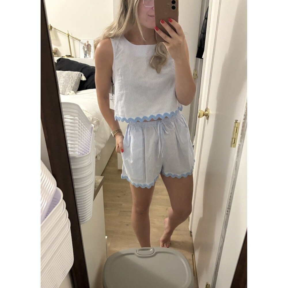 Japna Striped Scallop Hem Short Tank Top Set Size Small NWT Coastal Beach Preppy
